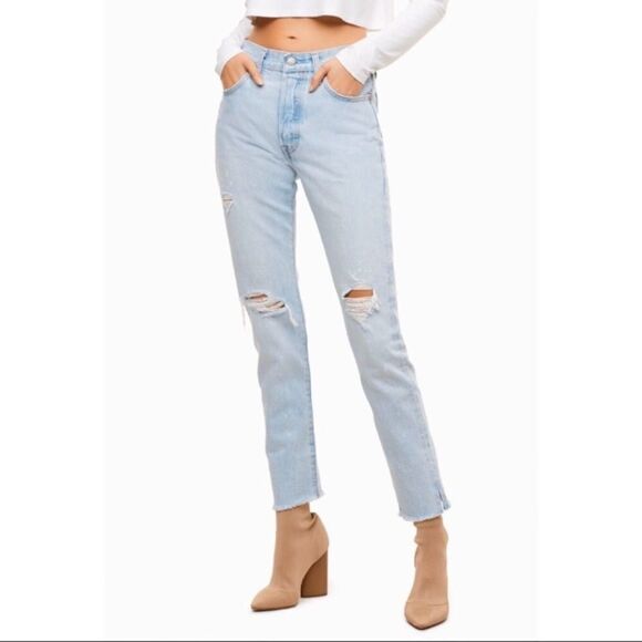 LEVI’S 501 Skinny High Rise Denim Jeans Destroyed Light Blue 24 - Picture 1 of 9